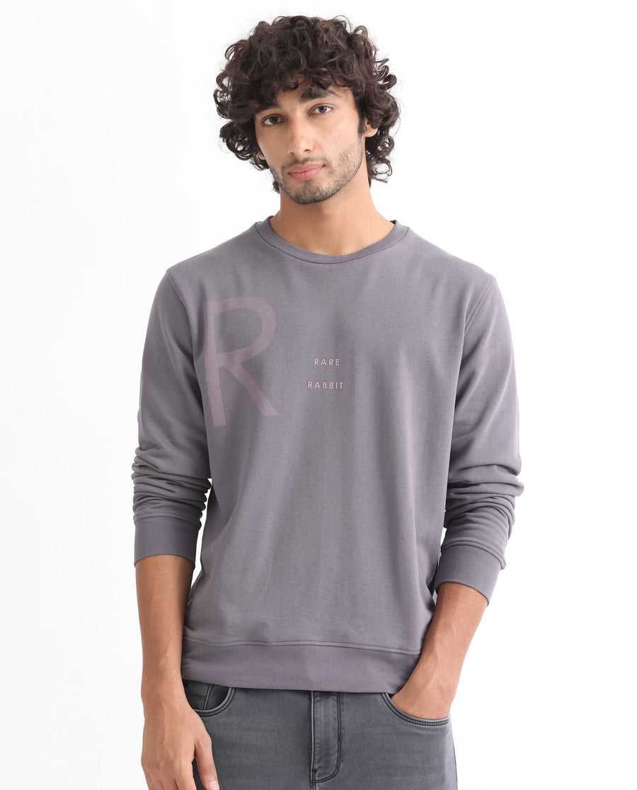 Rare Rabbit Men's Drovie Purple Graphic Print Regular Fit Full Sleeve Crew Neck Sweatshirt