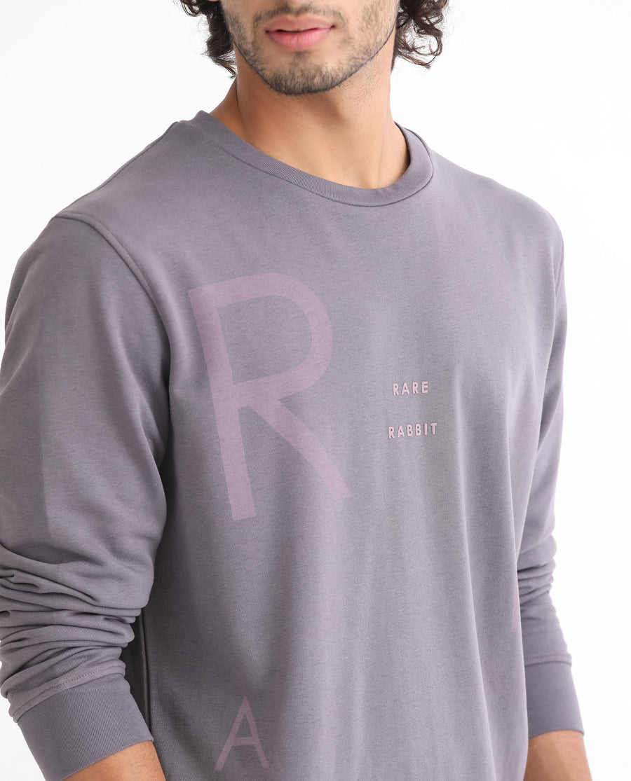 Rare Rabbit Men's Drovie Purple Graphic Print Regular Fit Full Sleeve Crew Neck Sweatshirt