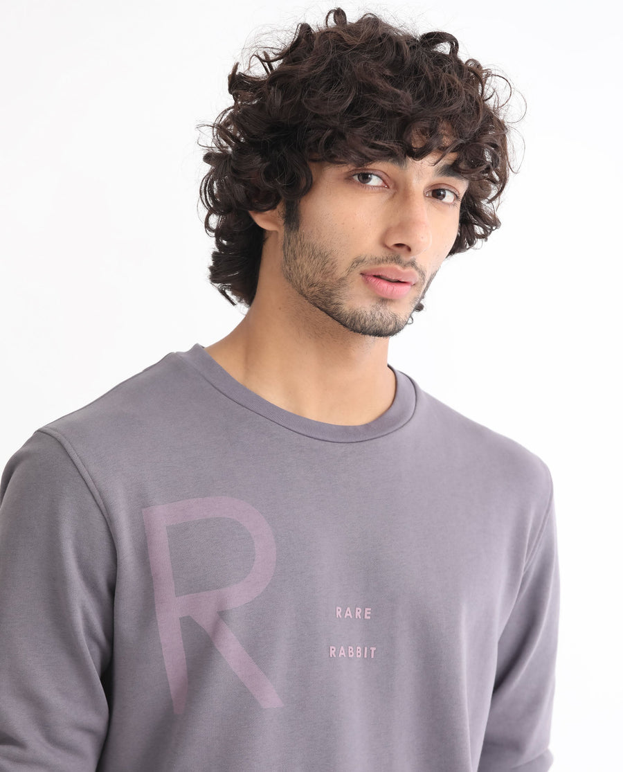 Rare Rabbit Men's Drovie Purple Graphic Print Regular Fit Full Sleeve Crew Neck Sweatshirt