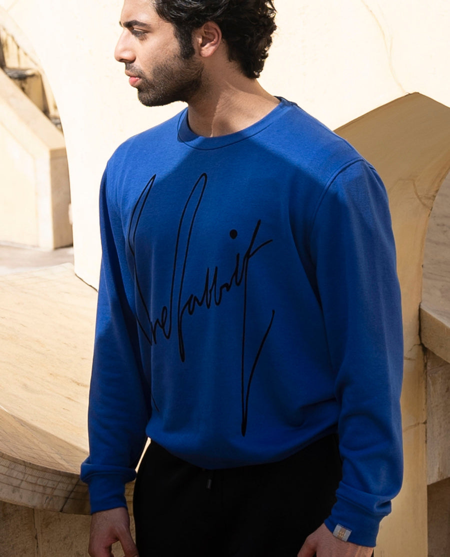 Rare Rabbit Men's Flocker Blue Cotton Graphic Print Regular Fit Full Sleeve Crew Neck Sweatshirt