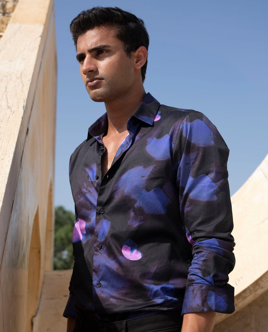 Rare Rabbit Men's Toforo Black Cotton Abstract Print Regular Fit Full Sleeve Collared Shirt