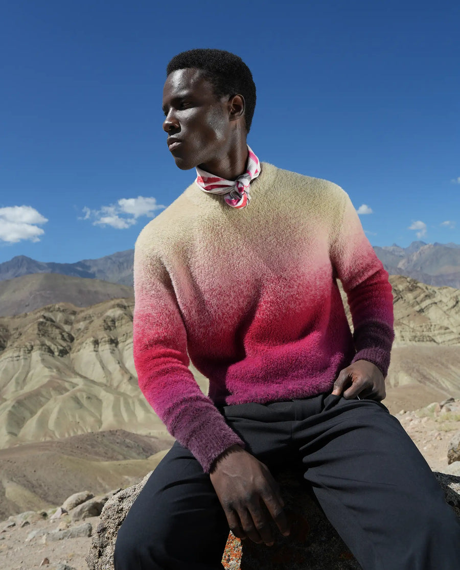 Rare Rabbit Men's Cherv Red Nylon Ombre Regular Fit Full Sleeve Crew Neck Sweater