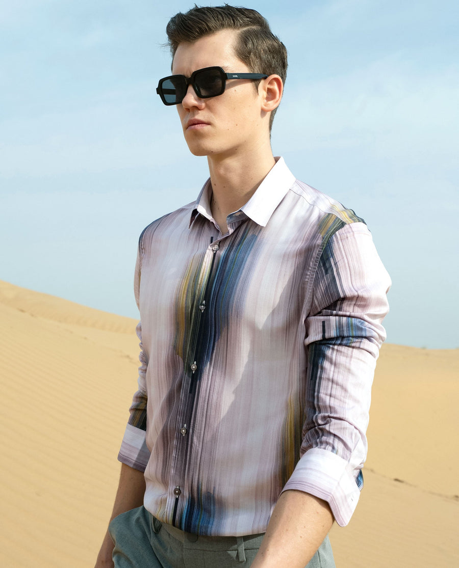 Rare Rabbit Men's Cosmos Blue Cotton Abstract Print Regular Fit Full Sleeve Collared Shirt