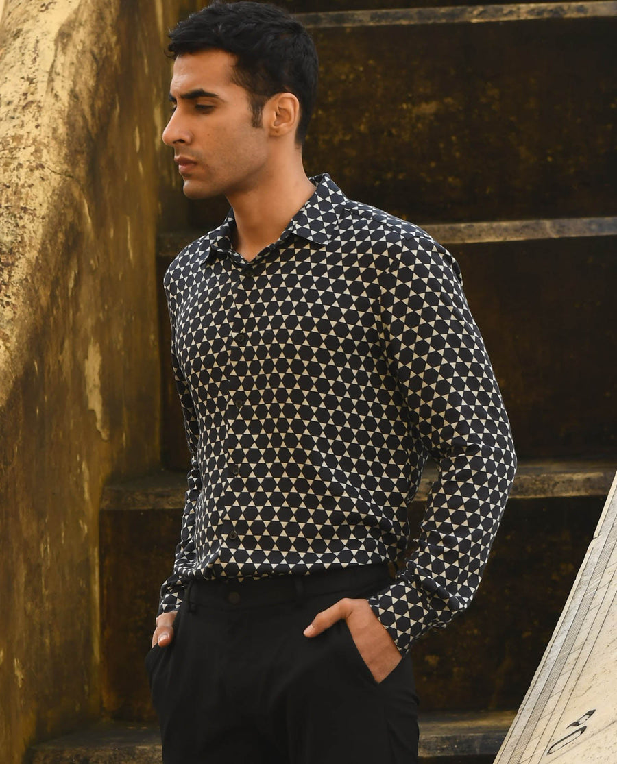 Rare Rabbit Men's Hexa Black Cotton Geometric Print Regular Fit Full Sleeve Collared Shirt