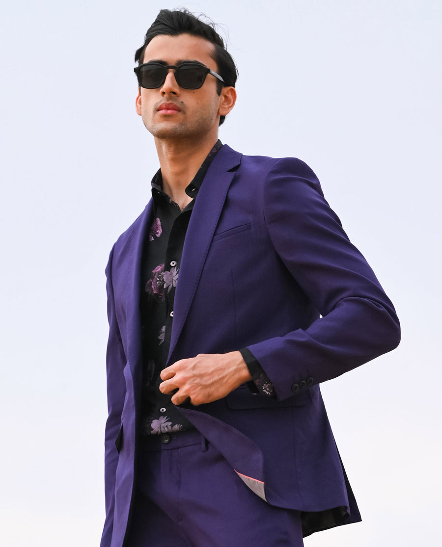 Rare Rabbit Men's Bart Purple Polyester Plain Tailored Fit Full Sleeve Lapel Neck Blazer
