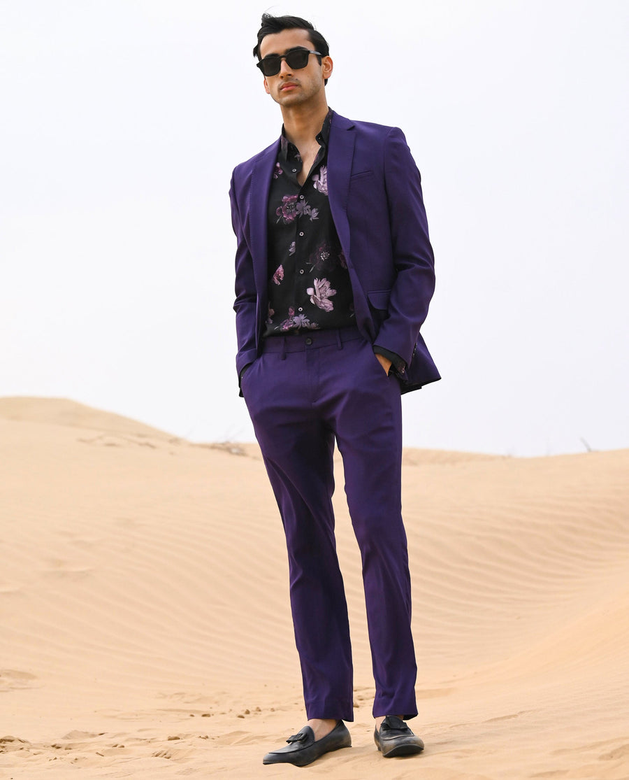 Rare Rabbit Men's Glade Purple Viscose Plain Slim Fit Trouser