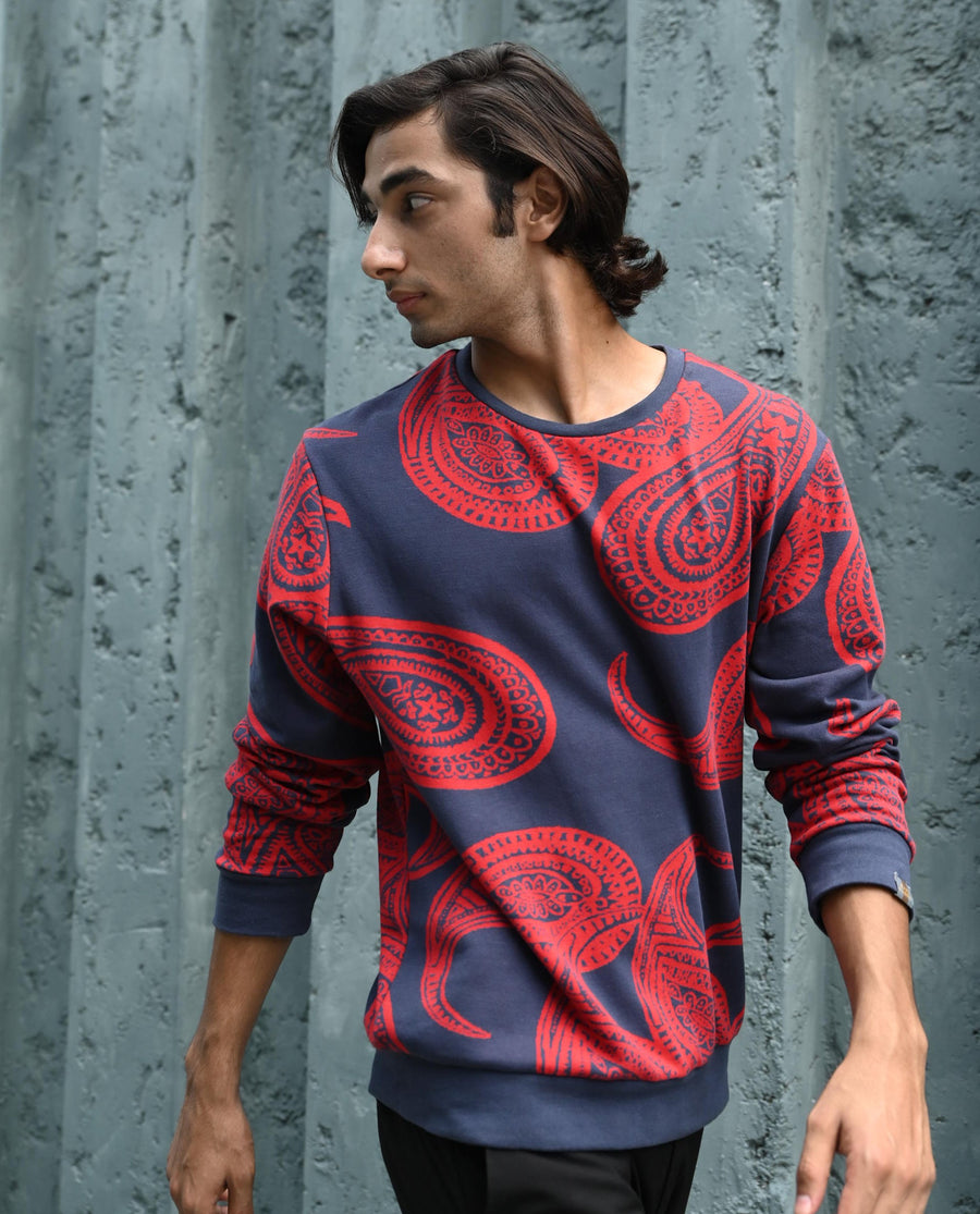 Rare Rabbit Men's Paiza Dusky Blue Cotton Paisley Print Relaxed Fit Full Sleeve Crew Neck Sweatshirt