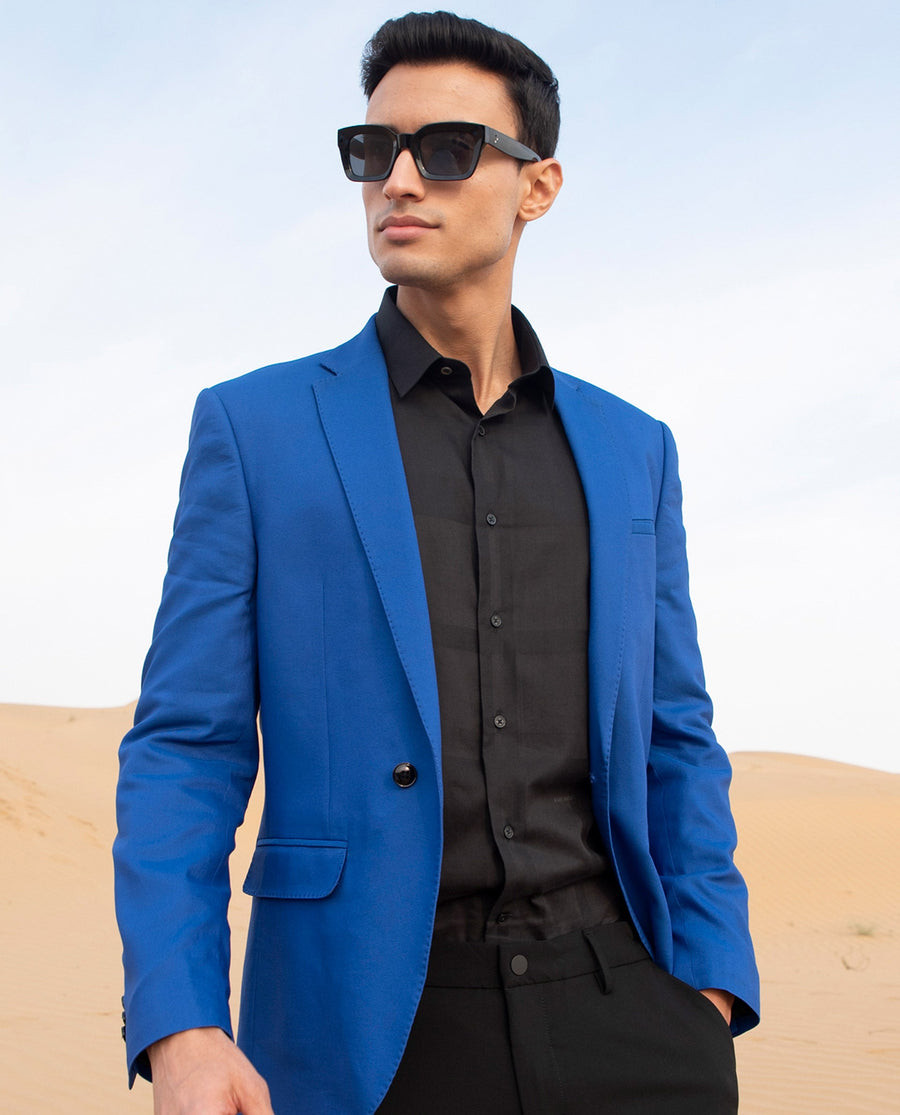 Rare Rabbit Men's Bart Blue Polyester Plain Tailored Fit Full Sleeve Lapel Neck Blazer