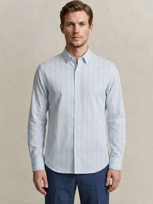 Gant Men Light Blue Striped Regular Fit Pure Cotton Shirt