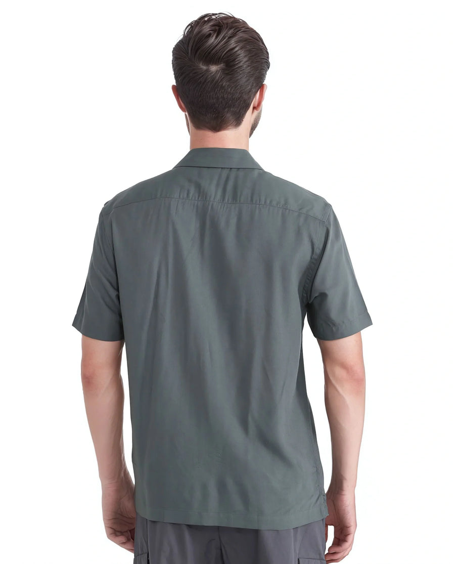 Rare Rabbit Men's Dubm Dusky Green Modal Plain Relaxed Fit Half Sleeve Cuban Collar Shirt