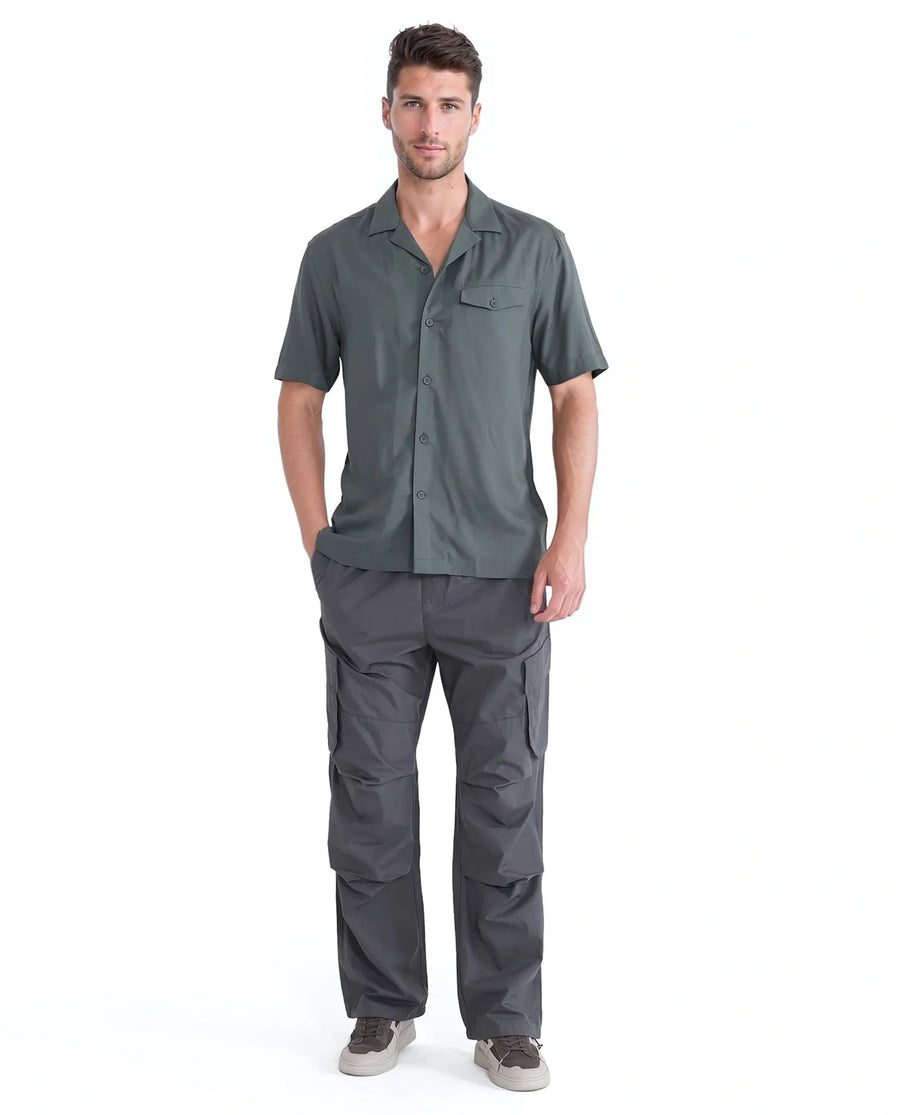 Rare Rabbit Men's Dubm Dusky Green Modal Plain Relaxed Fit Half Sleeve Cuban Collar Shirt