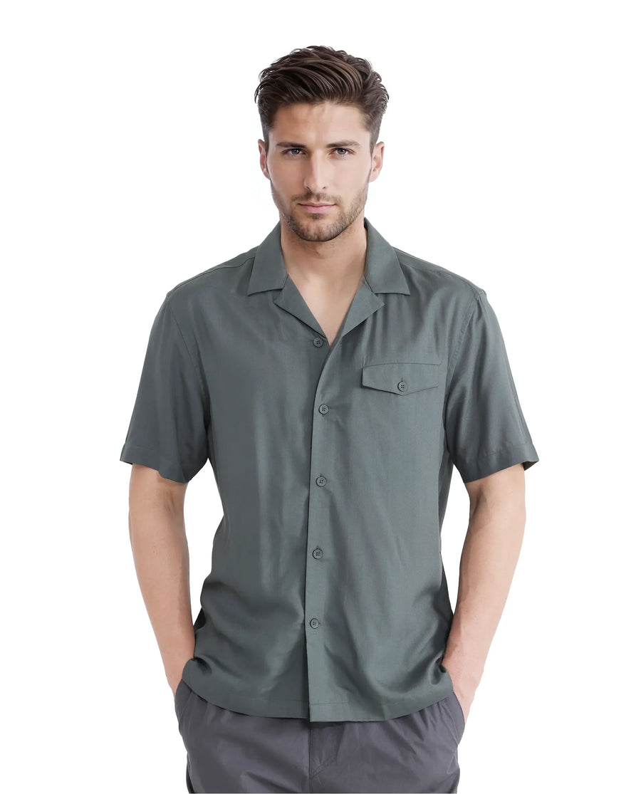 Rare Rabbit Men's Dubm Dusky Green Modal Plain Relaxed Fit Half Sleeve Cuban Collar Shirt