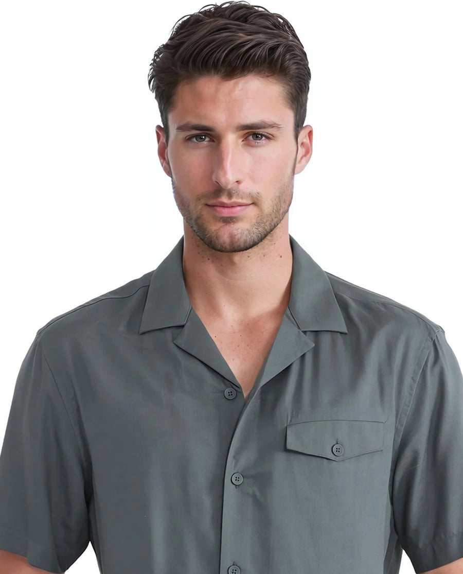 Rare Rabbit Men's Dubm Dusky Green Modal Plain Relaxed Fit Half Sleeve Cuban Collar Shirt