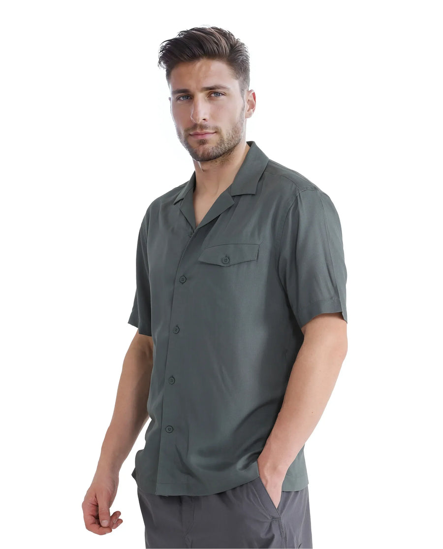 Rare Rabbit Men's Dubm Dusky Green Modal Plain Relaxed Fit Half Sleeve Cuban Collar Shirt