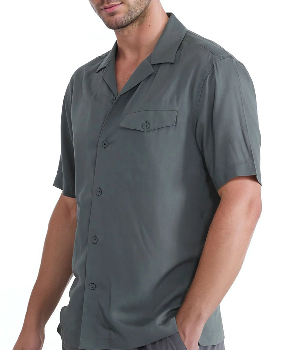 Rare Rabbit Men's Dubm Dusky Green Modal Plain Relaxed Fit Half Sleeve Cuban Collar Shirt