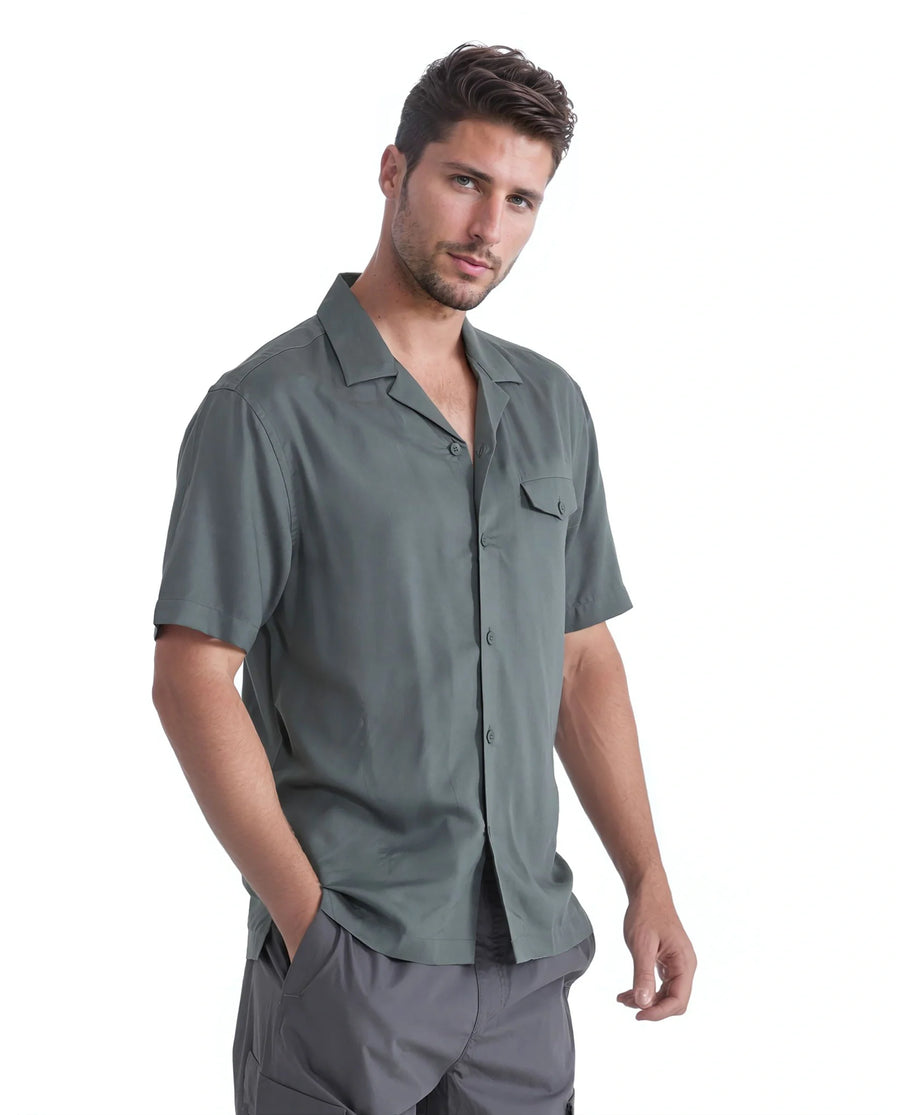 Rare Rabbit Men's Dubm Dusky Green Modal Plain Relaxed Fit Half Sleeve Cuban Collar Shirt