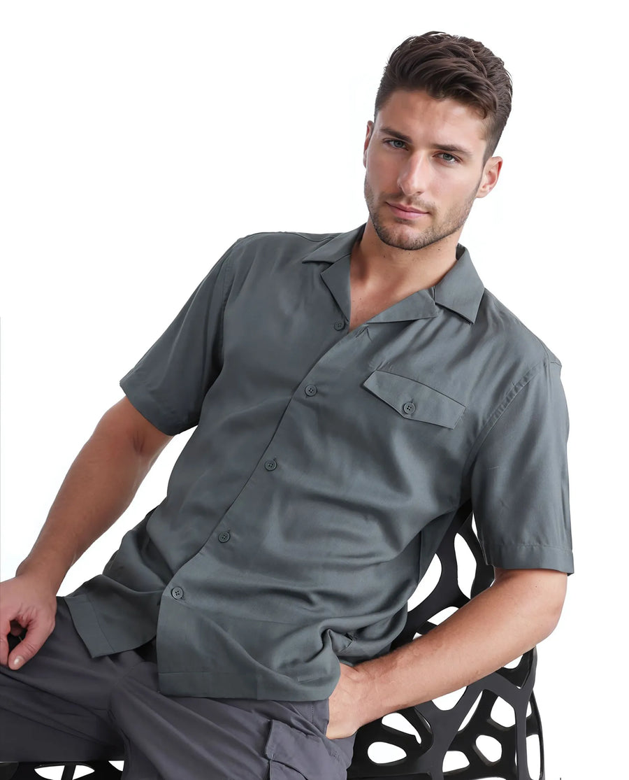 Rare Rabbit Men's Dubm Dusky Green Modal Plain Relaxed Fit Half Sleeve Cuban Collar Shirt