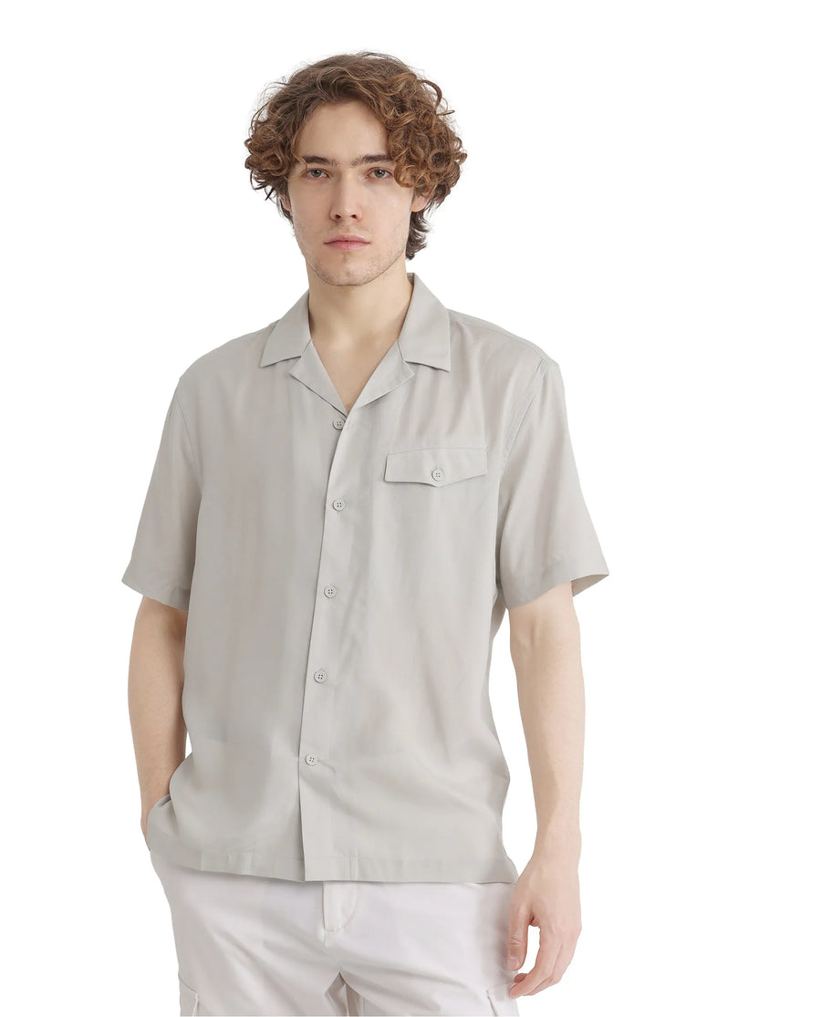 Rare Rabbit Men's Dubm Light Grey Modal Plain Relaxed Fit Half Sleeve Cuban Collar Shirt