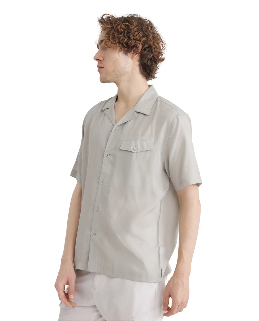 Rare Rabbit Men's Dubm Light Grey Modal Plain Relaxed Fit Half Sleeve Cuban Collar Shirt