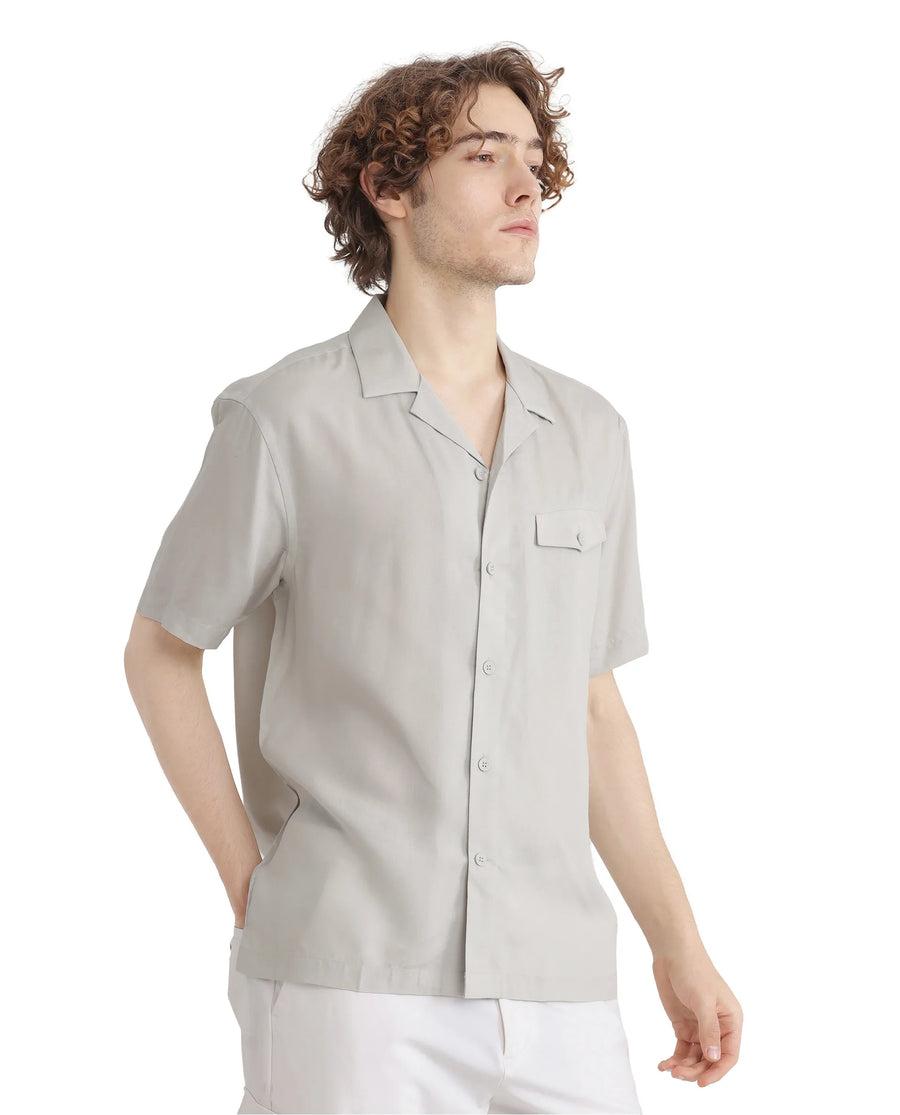 Rare Rabbit Men's Dubm Light Grey Modal Plain Relaxed Fit Half Sleeve Cuban Collar Shirt