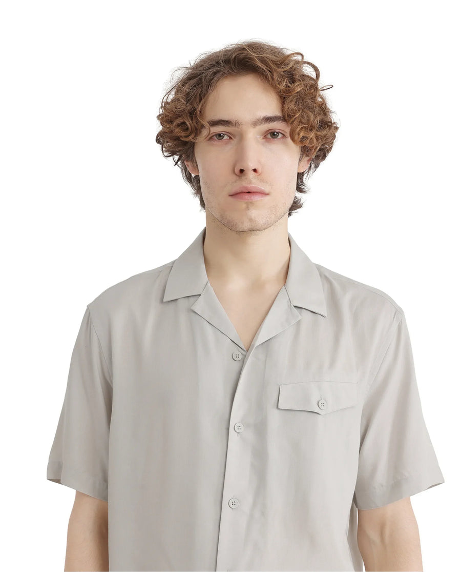 Rare Rabbit Men's Dubm Light Grey Modal Plain Relaxed Fit Half Sleeve Cuban Collar Shirt