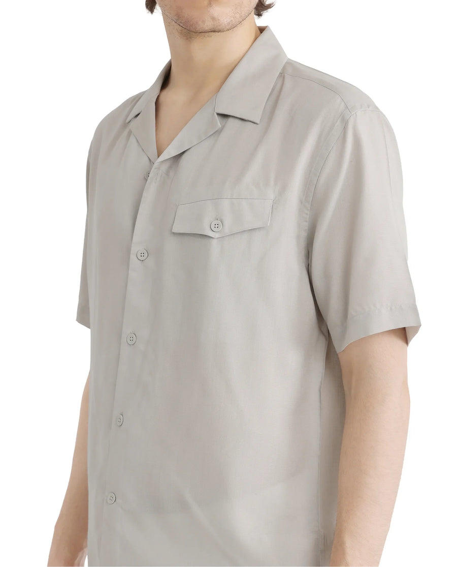 Rare Rabbit Men's Dubm Light Grey Modal Plain Relaxed Fit Half Sleeve Cuban Collar Shirt