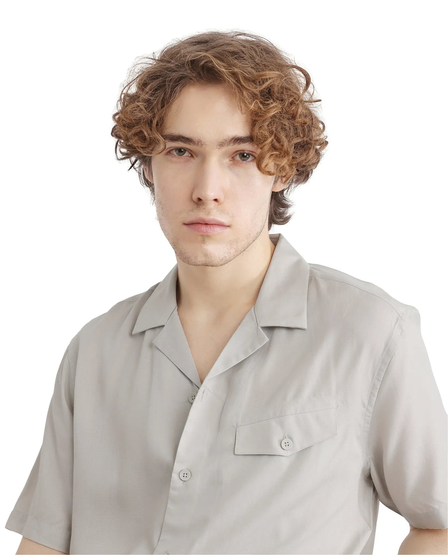 Rare Rabbit Men's Dubm Light Grey Modal Plain Relaxed Fit Half Sleeve Cuban Collar Shirt