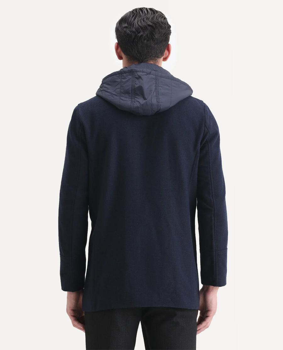Rare Rabbit Men's Dubby Dark Navy Polyester Plain Tailored Fit Full Sleeve Hooded Coat