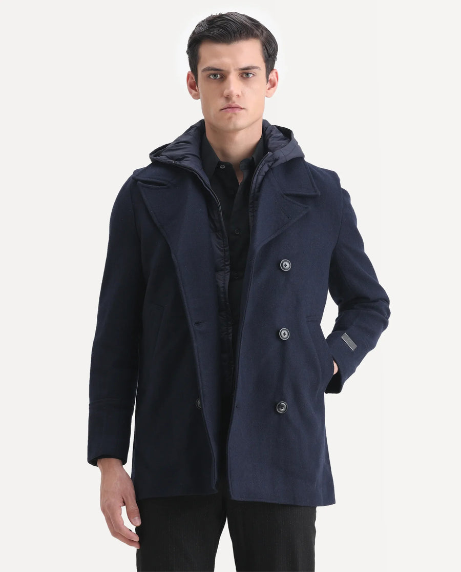 Rare Rabbit Men's Dubby Dark Navy Polyester Plain Tailored Fit Full Sleeve Hooded Coat