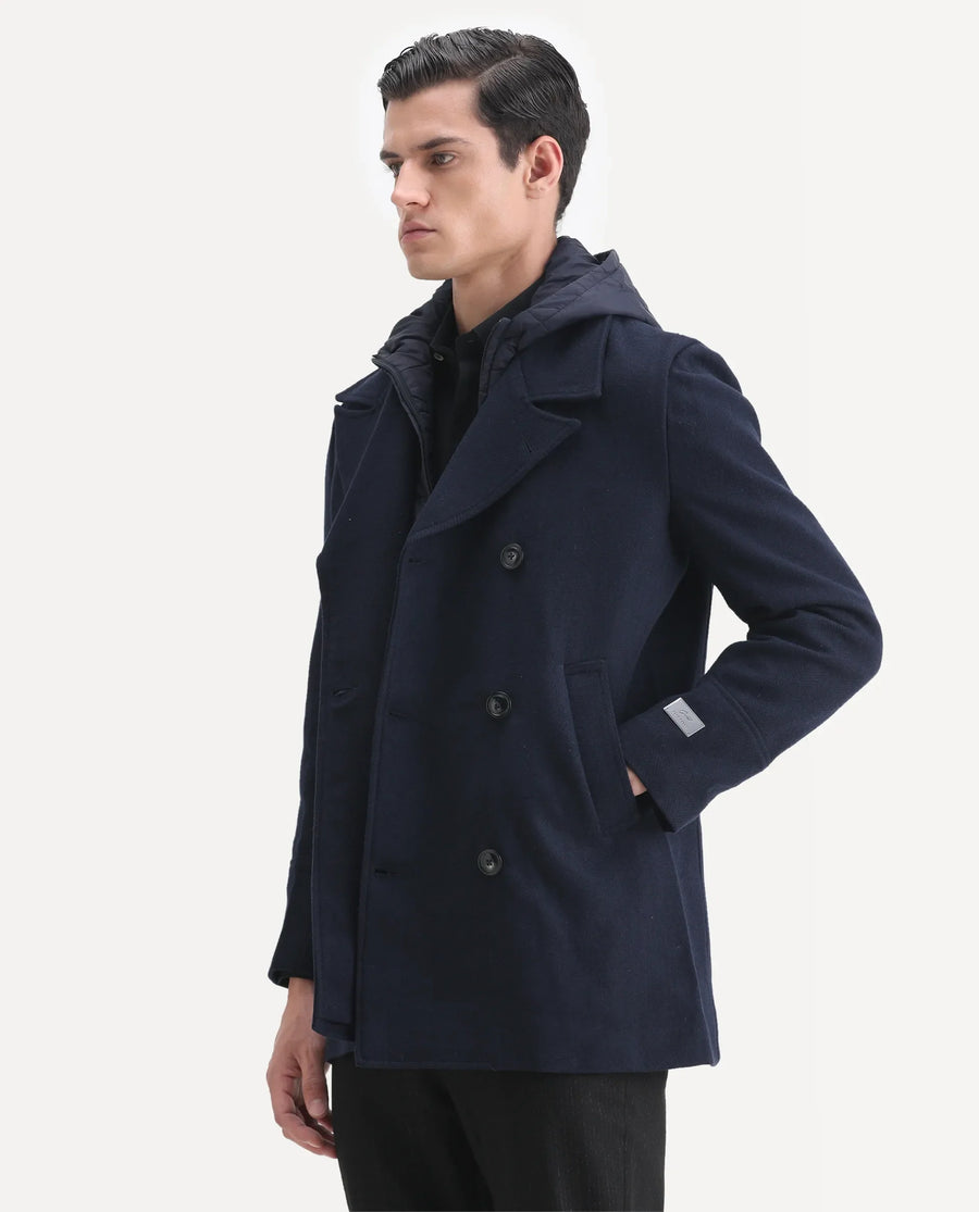 Rare Rabbit Men's Dubby Dark Navy Polyester Plain Tailored Fit Full Sleeve Hooded Coat