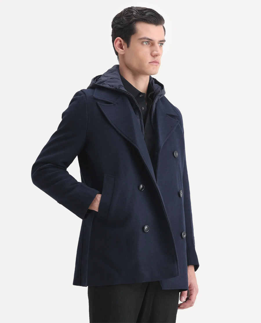 Rare Rabbit Men's Dubby Dark Navy Polyester Plain Tailored Fit Full Sleeve Hooded Coat