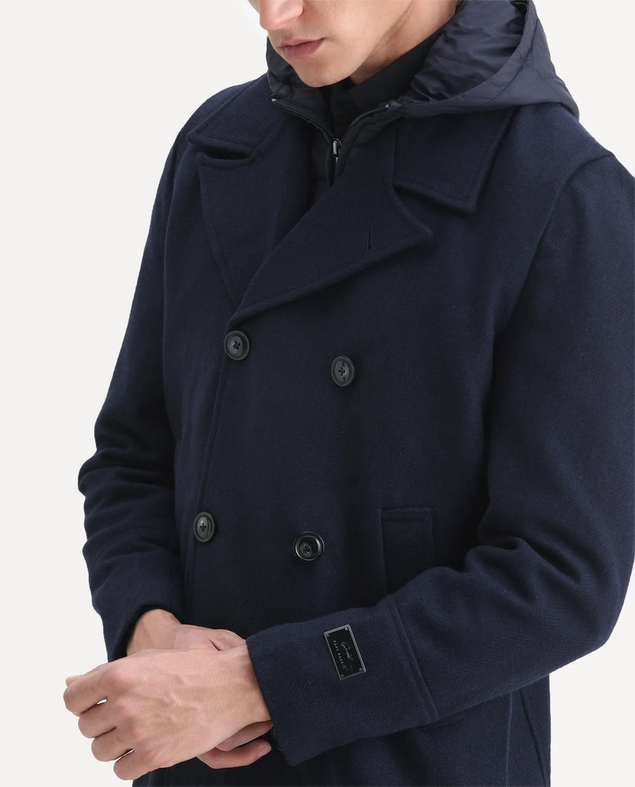 Rare Rabbit Men's Dubby Dark Navy Polyester Plain Tailored Fit Full Sleeve Hooded Coat