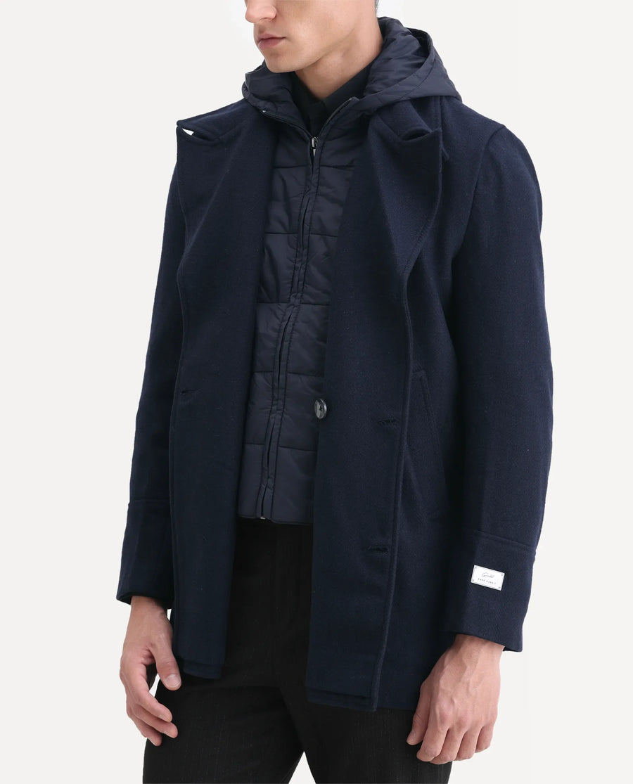 Rare Rabbit Men's Dubby Dark Navy Polyester Plain Tailored Fit Full Sleeve Hooded Coat