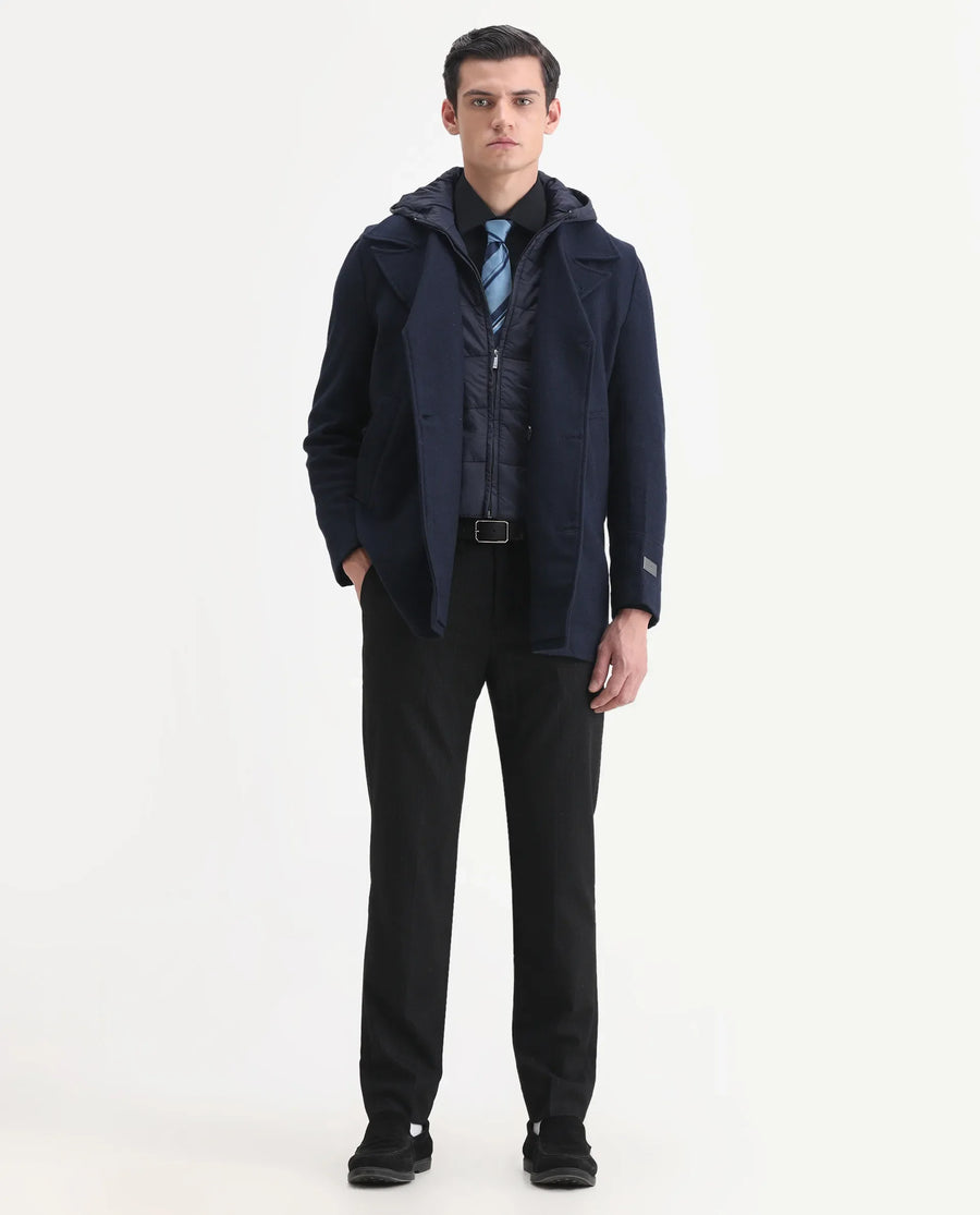 Rare Rabbit Men's Dubby Dark Navy Polyester Plain Tailored Fit Full Sleeve Hooded Coat