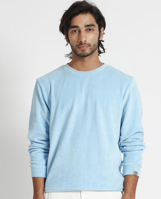 Rare Rabbit Men's Dube Blue Velvet Plain Relaxed Fit Full Sleeve Crew Neck Sweatshirt