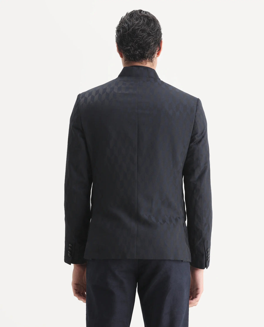 Rare Rabbit Men's Duffy Dark Navy Polyester Jacquard Tailored Fit Full Sleeve Mandarin Collar Bandhgala Jodhpuri