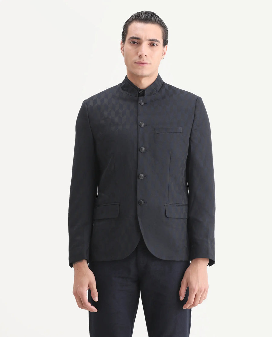 Rare Rabbit Men's Duffy Dark Navy Polyester Jacquard Tailored Fit Full Sleeve Mandarin Collar Bandhgala Jodhpuri
