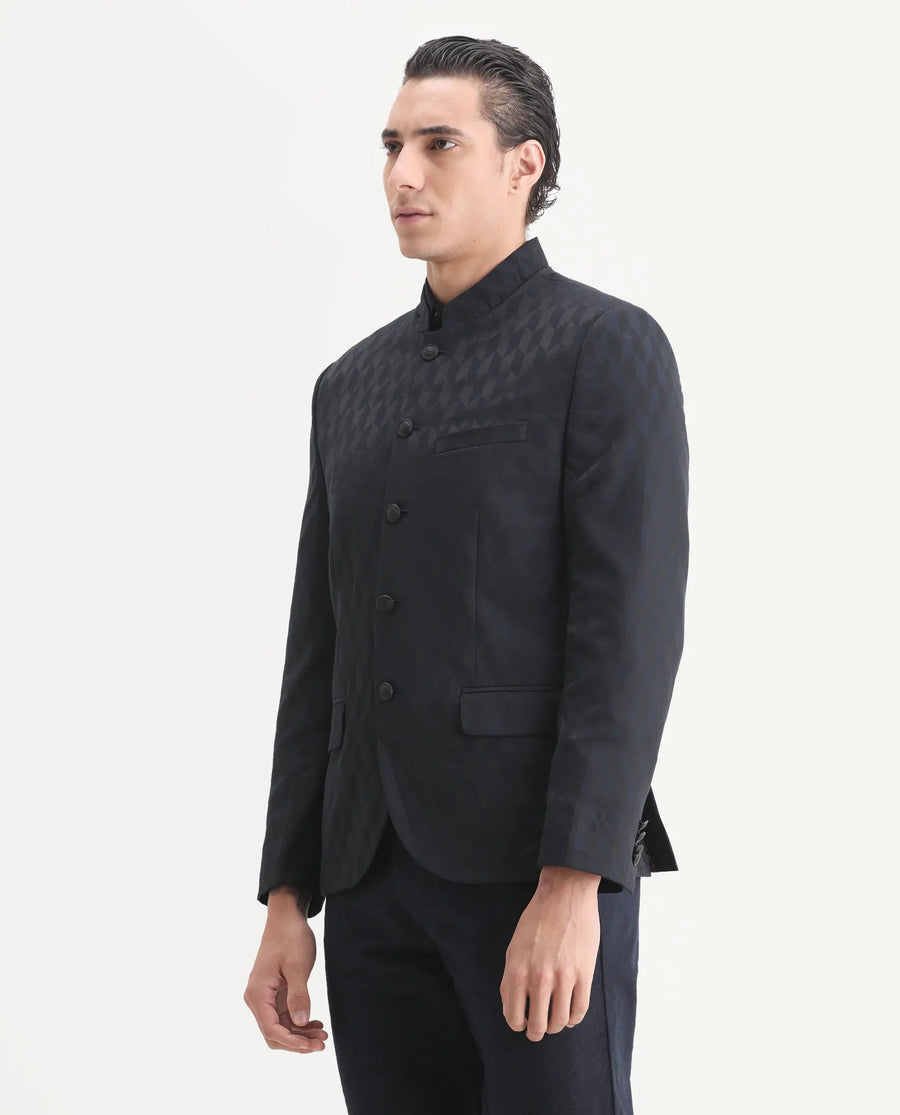 Rare Rabbit Men's Duffy Dark Navy Polyester Jacquard Tailored Fit Full Sleeve Mandarin Collar Bandhgala Jodhpuri
