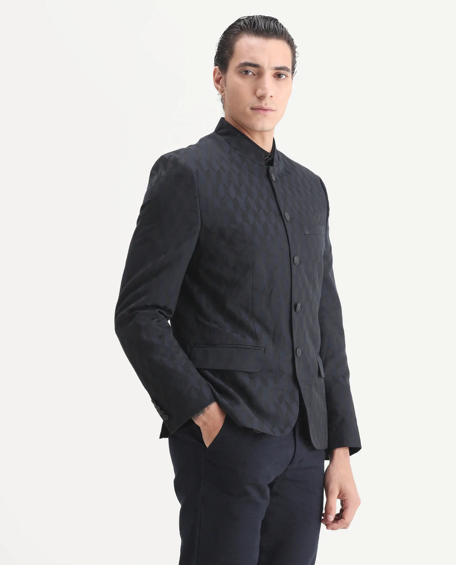 Rare Rabbit Men's Duffy Dark Navy Polyester Jacquard Tailored Fit Full Sleeve Mandarin Collar Bandhgala Jodhpuri