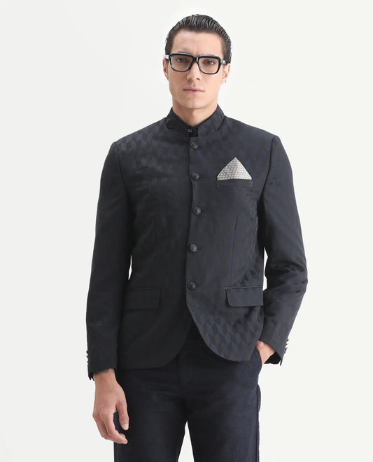 Rare Rabbit Men's Duffy Dark Navy Polyester Jacquard Tailored Fit Full Sleeve Mandarin Collar Bandhgala Jodhpuri