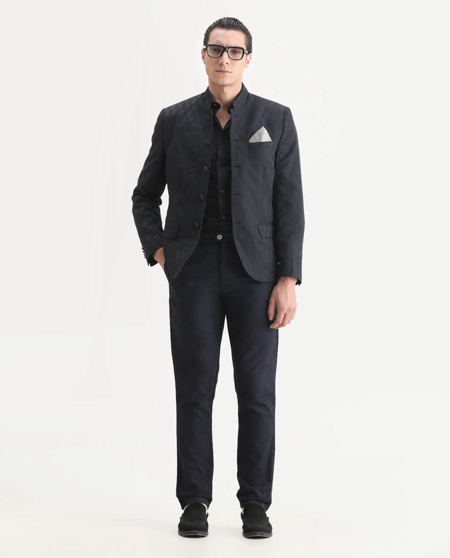 Rare Rabbit Men's Duffy Dark Navy Polyester Jacquard Tailored Fit Full Sleeve Mandarin Collar Bandhgala Jodhpuri