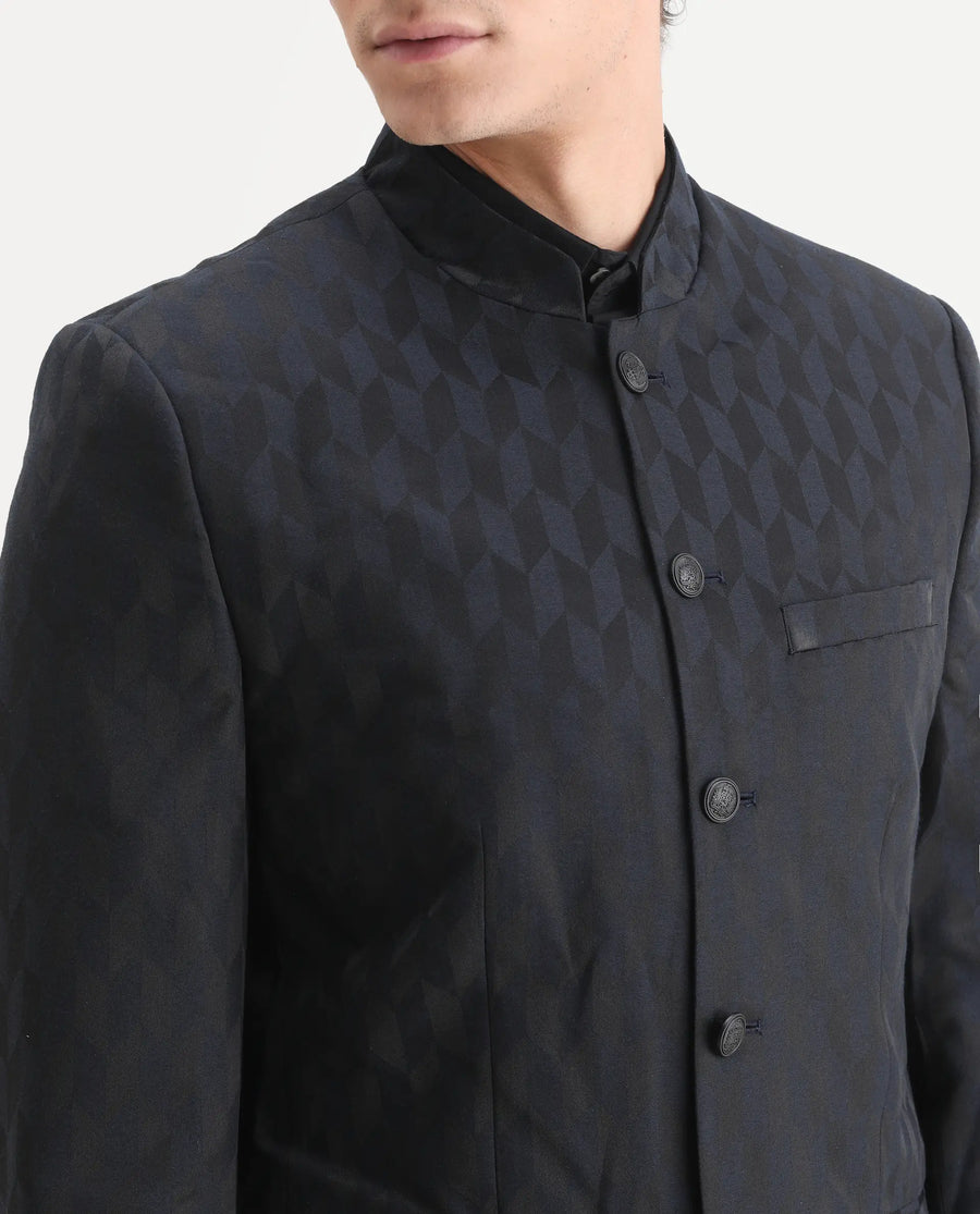 Rare Rabbit Men's Duffy Dark Navy Polyester Jacquard Tailored Fit Full Sleeve Mandarin Collar Bandhgala Jodhpuri