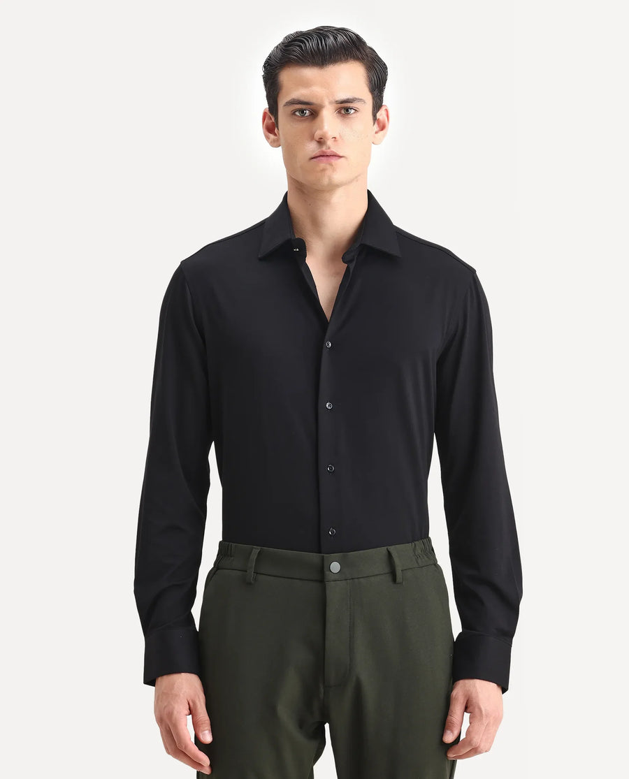 Rare Rabbit Men's Dulce Black Cotton Plain Regular Fit Full Sleeve Collared Shirt