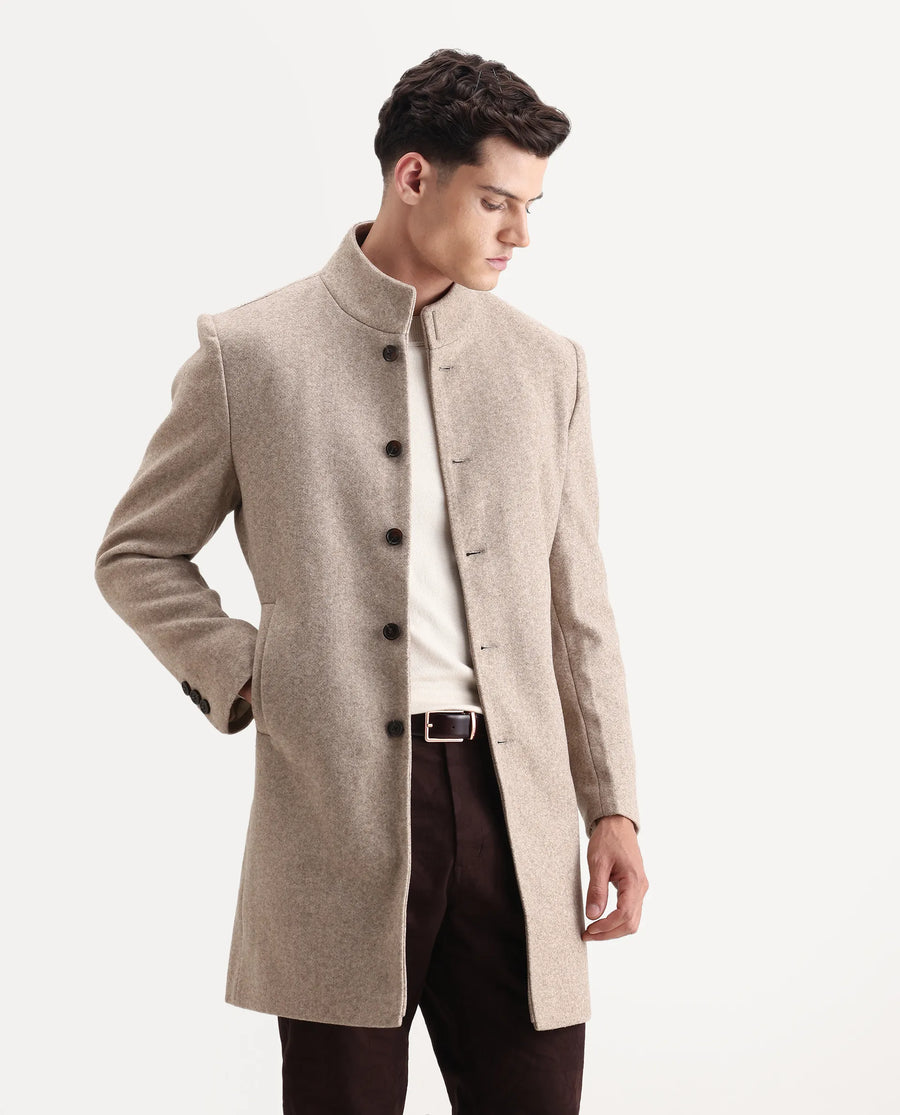 Rare Rabbit Men's Dune-25 Dark Beige Polyester Blend Fabric High Neck Relaxed Plain Coat