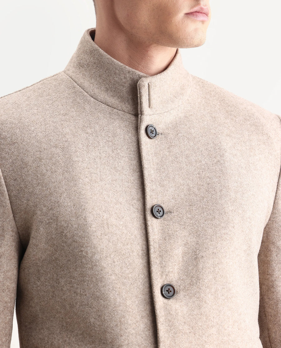 Rare Rabbit Men's Dune-25 Dark Beige Polyester Blend Fabric High Neck Relaxed Plain Coat