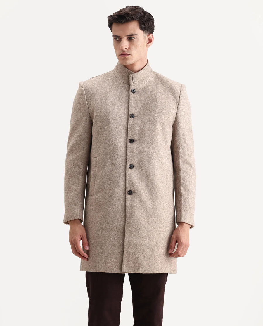 Rare Rabbit Men's Dune-25 Dark Beige Polyester Blend Fabric High Neck Relaxed Plain Coat