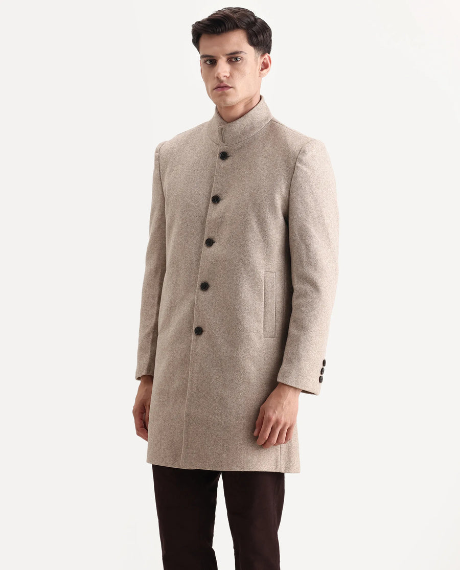 Rare Rabbit Men's Dune-25 Dark Beige Polyester Blend Fabric High Neck Relaxed Plain Coat
