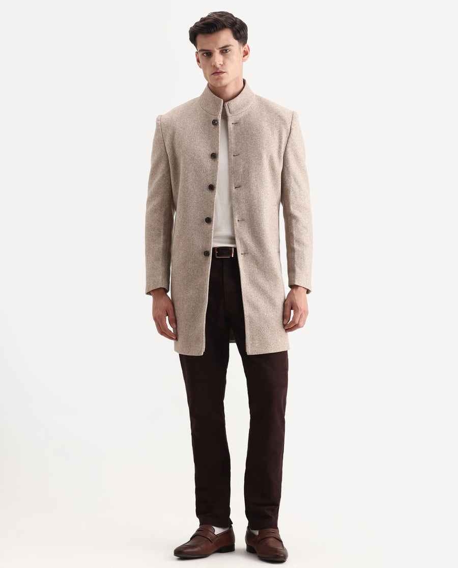 Rare Rabbit Men's Dune-25 Dark Beige Polyester Blend Fabric High Neck Relaxed Plain Coat