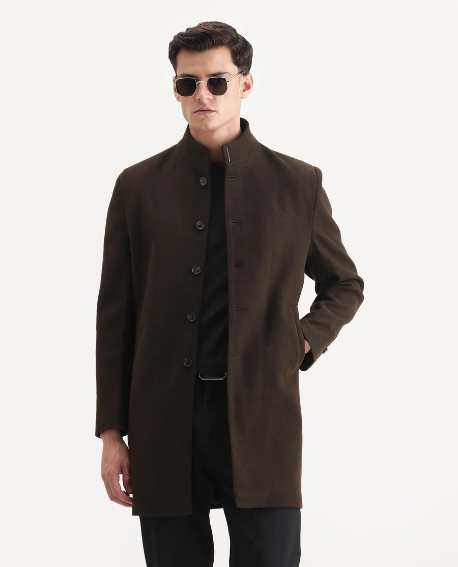 Rare Rabbit Men's Dune-25 Olive Polyester Blend Fabric High Neck Relaxed Plain Coat