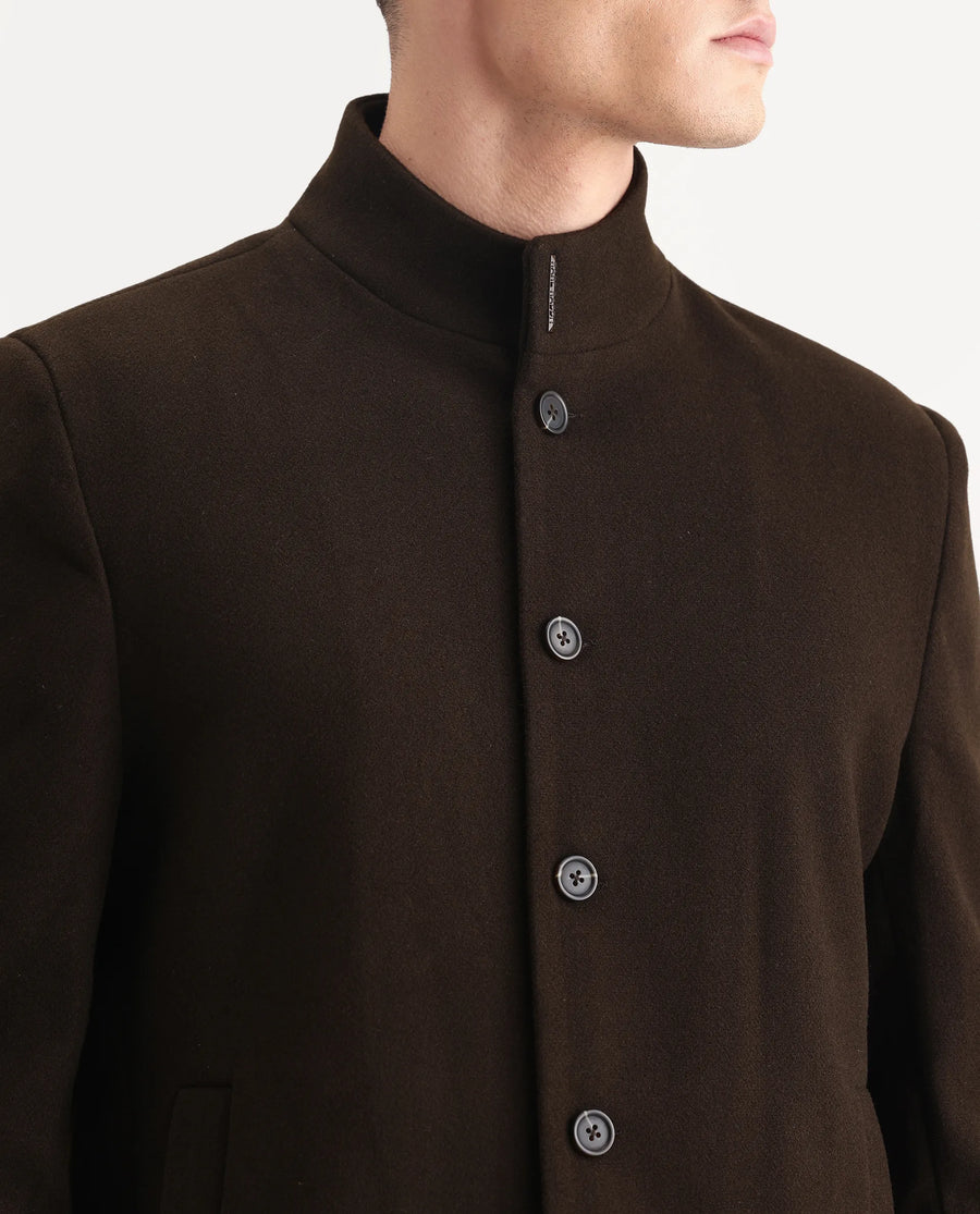Rare Rabbit Men's Dune-25 Olive Polyester Blend Fabric High Neck Relaxed Plain Coat